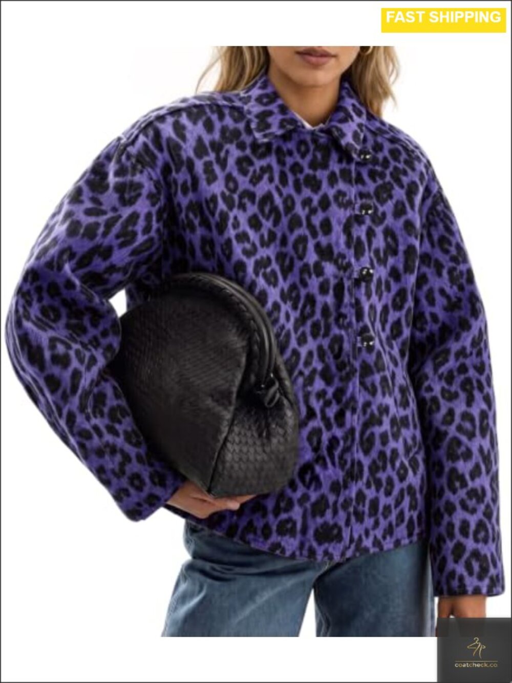 Faux Wool Leopard Print Pea Coat Button Down Crop Jacket